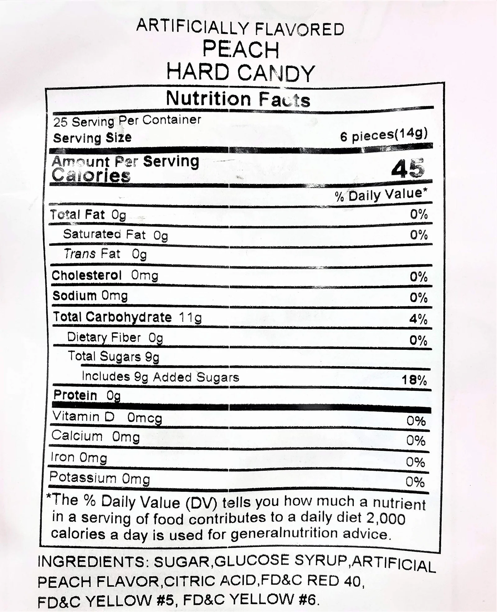 Nutrition Facts panel and ingredient list on the Hongyuan peach bag