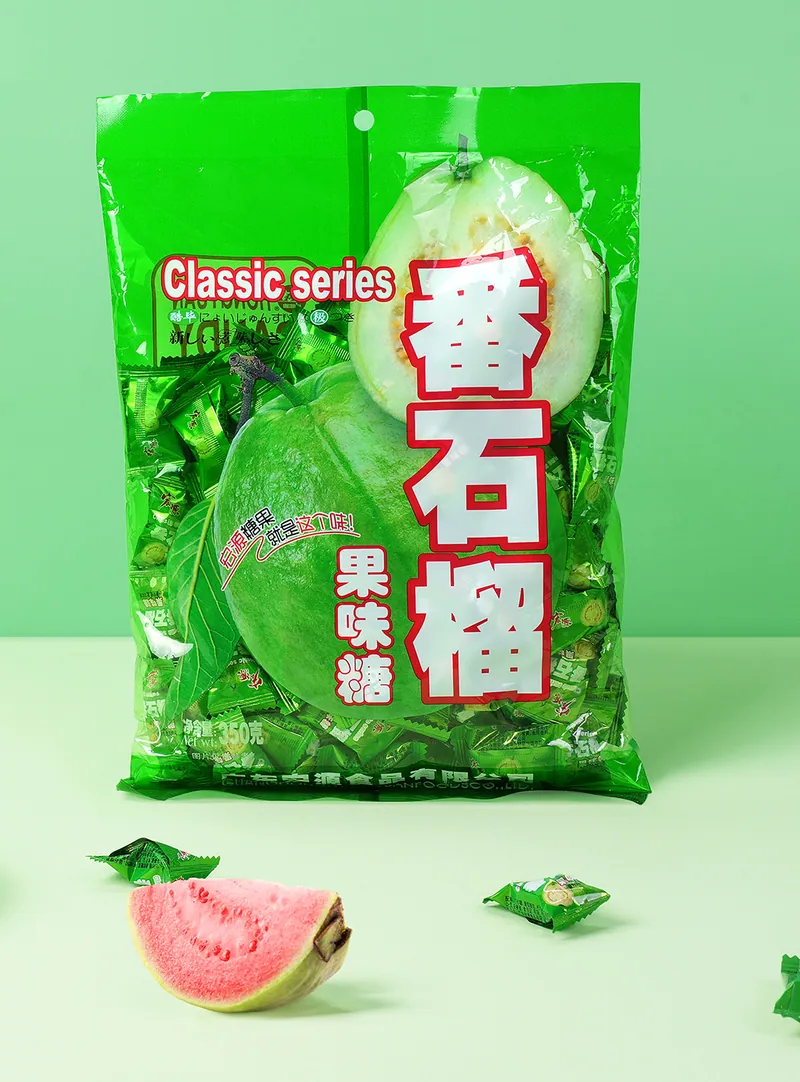 Hongyuan Classic Series guava candy bag standing on a table
